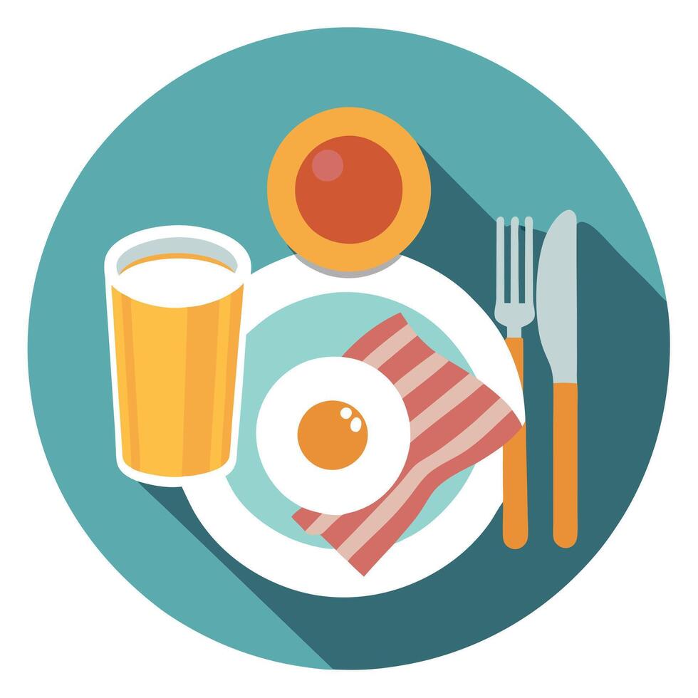 A plate of bacon and eggs sits on a table next to a cup of coffee and a glass of orange juice vector