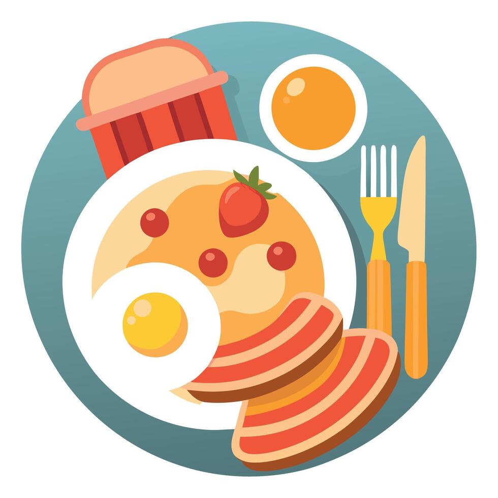 A delicious breakfast of pancakes. bacon. eggs. and fruit is a great way to start your day vector
