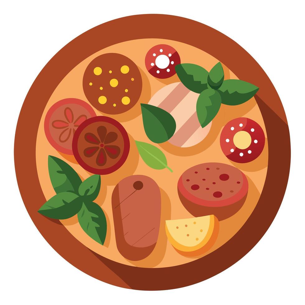 A wooden platter with a variety of meats and vegetables. including salami. pepperoni. and basil vector