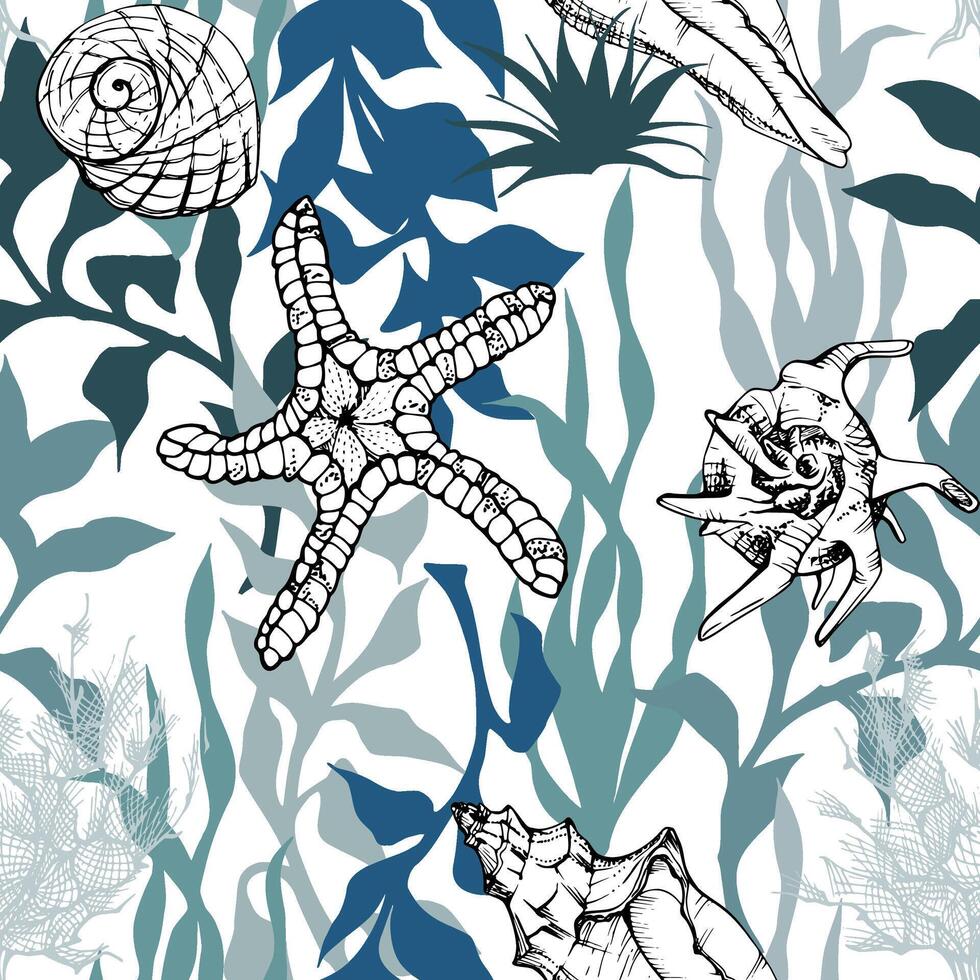Marine life, sea ocean underwater creatures fish, shells algae seaweed, Ink and pen sketch hand drawn. Seamless pattern illustration, stylized, isolated on white. Zoo shop, aquarium, cosmetics, resort vector