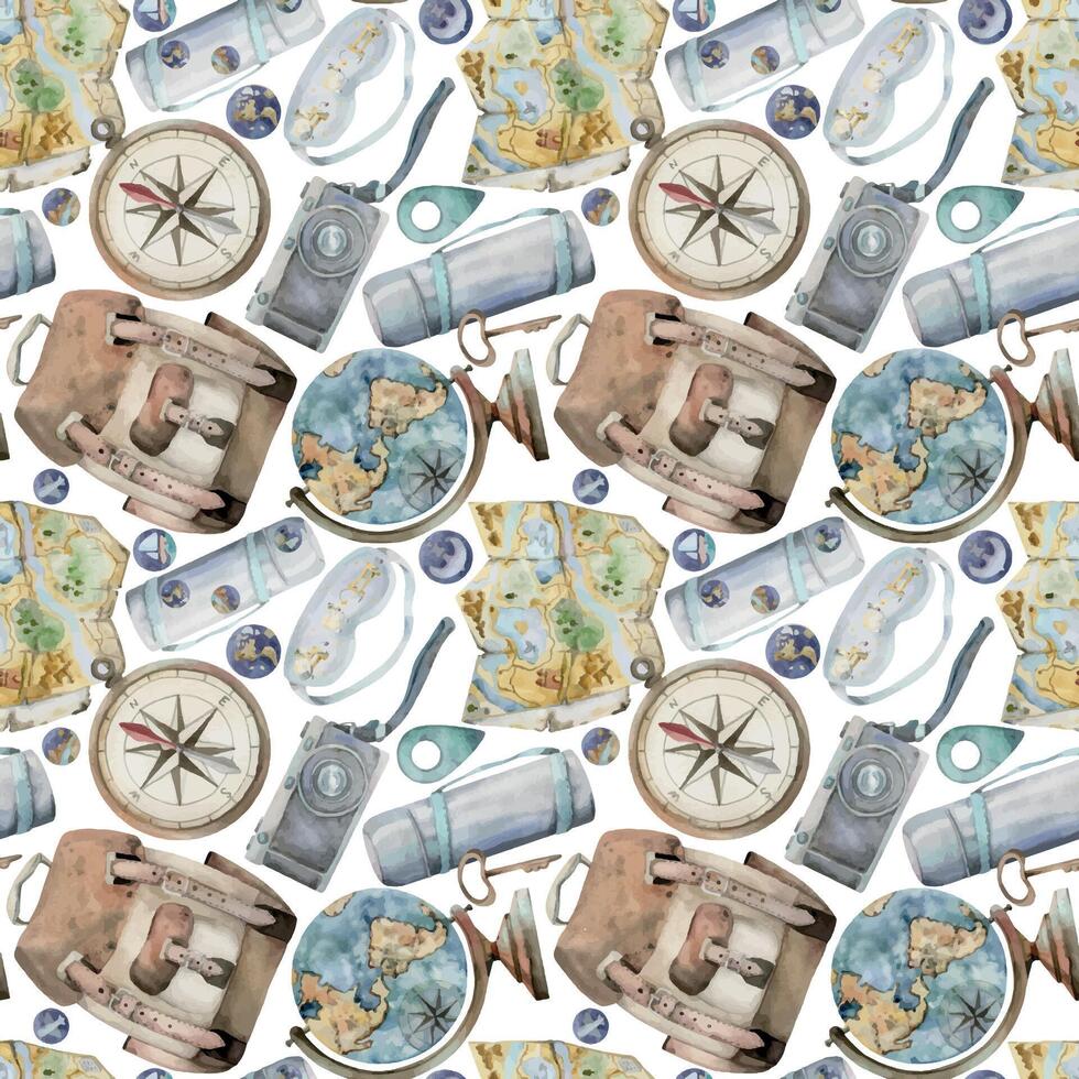 Old photo camera, backpack, sleeping mask, compass, vacuum flask, vintage globe, location cursor. Watercolor hand drawn art. Seamless pattern. Design for tourism, travel brochure, guide, card, tattoo. vector