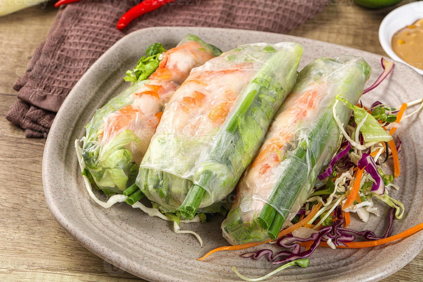 Vietnamese spring roll with prawn and salad photo
