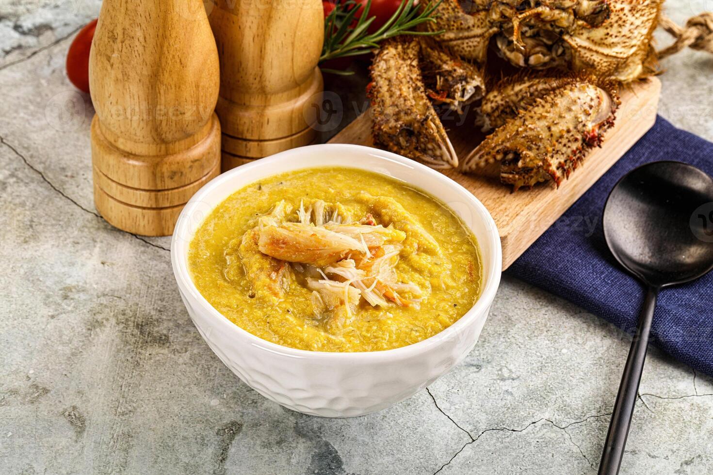 Corn cream soup with crab photo