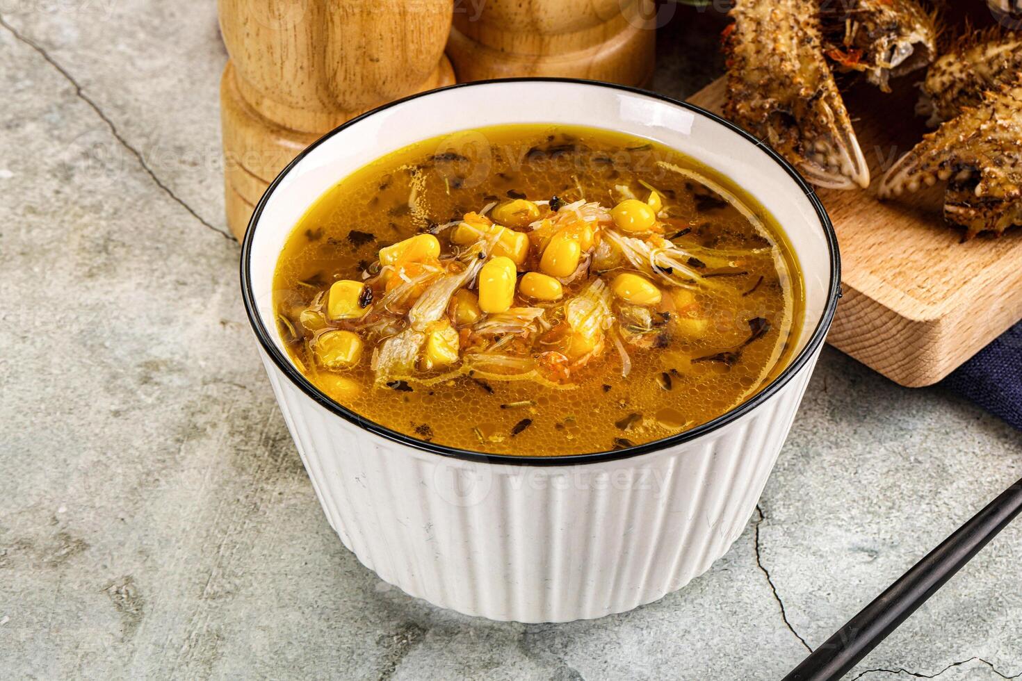 Hot Crab corn soup with vegetables photo