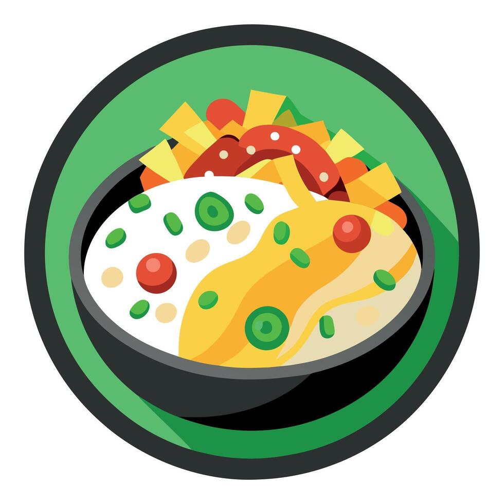Close-up of a breakfast scramble with crispy bacon. green onions. scrambled eggs. and black pepper vector