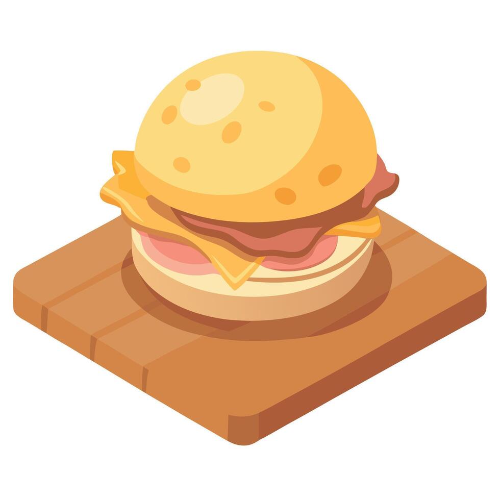 Breakfast sandwich with English muffin. scrambled egg. ham. and cheese. placed on a cutting board. vector