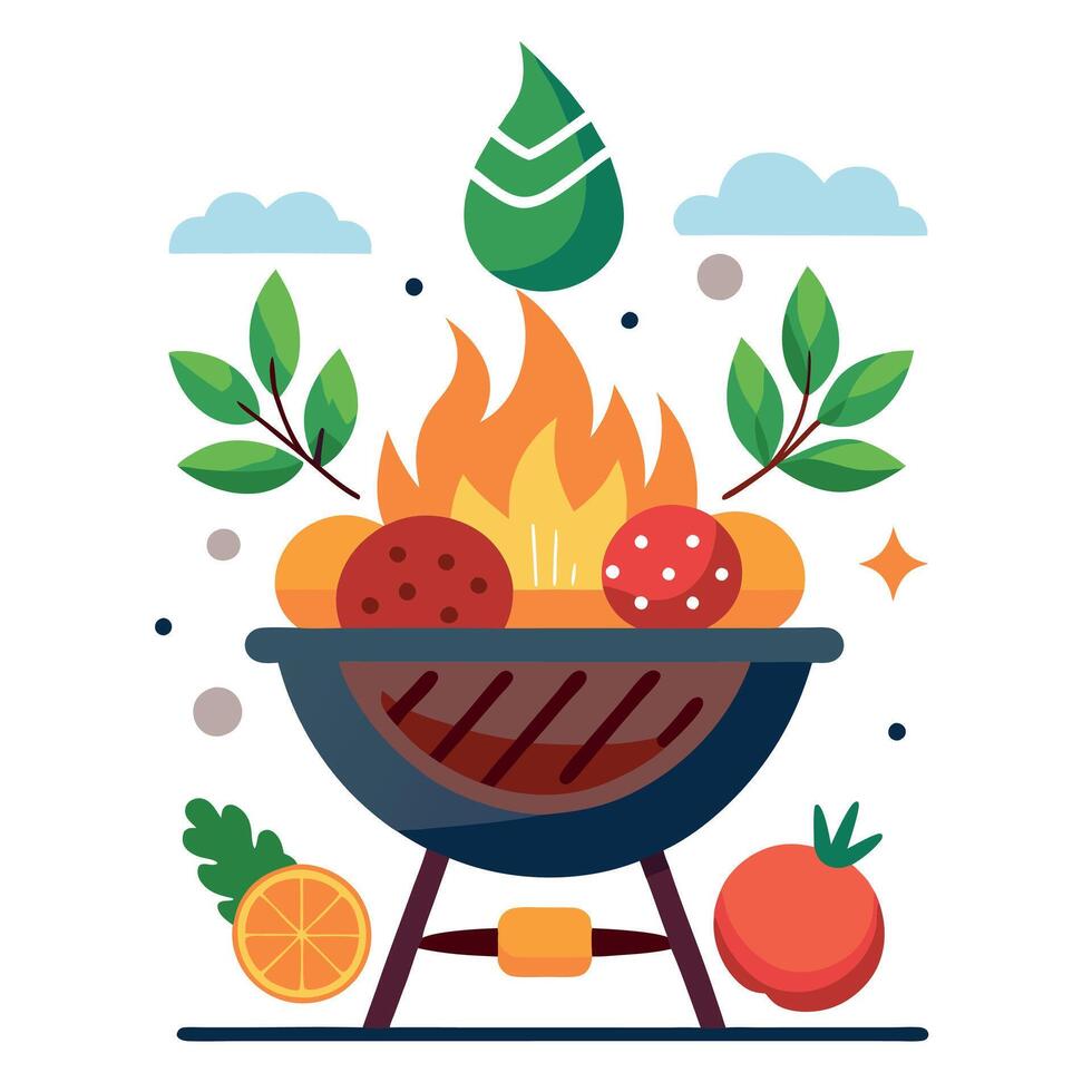 Grilled meat with potatoes. and vegetables and herbs cooked on fire as a barbecue. delicious food vector