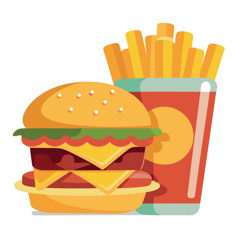 Bacon cheeseburger on toasted pretzel bun served with fries and beer shot with selective focus. vector