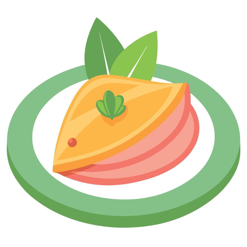 A plate with a folded crepe or pancake filled with ham and cheese. garnished with a green leaf vector