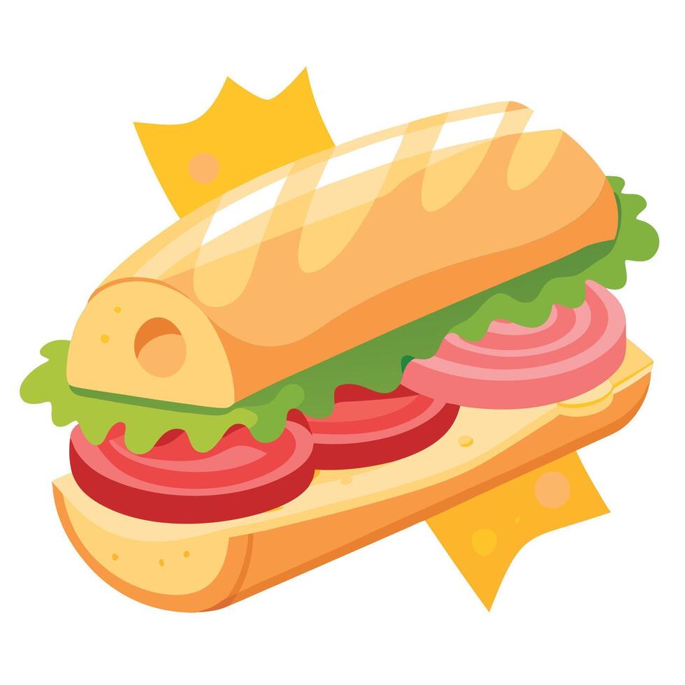 Delicious baguette sandwich with ham. bacon. cheese. Tasty toast sandwiches with vegetables. vector