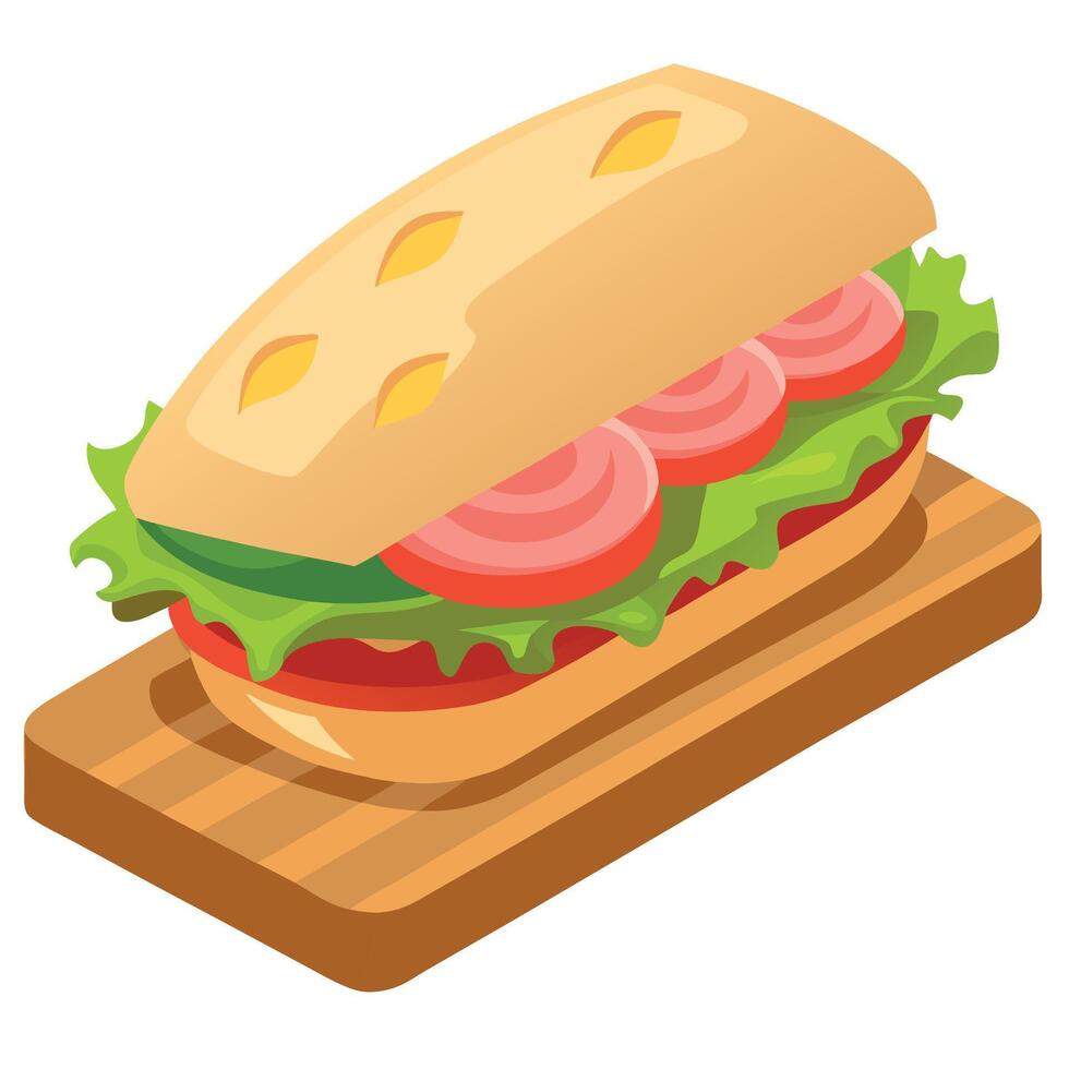 Fresh submarine sandwich. Long sandwich with ham. lettuce and tomatoes. Fast food on wooden board. vector