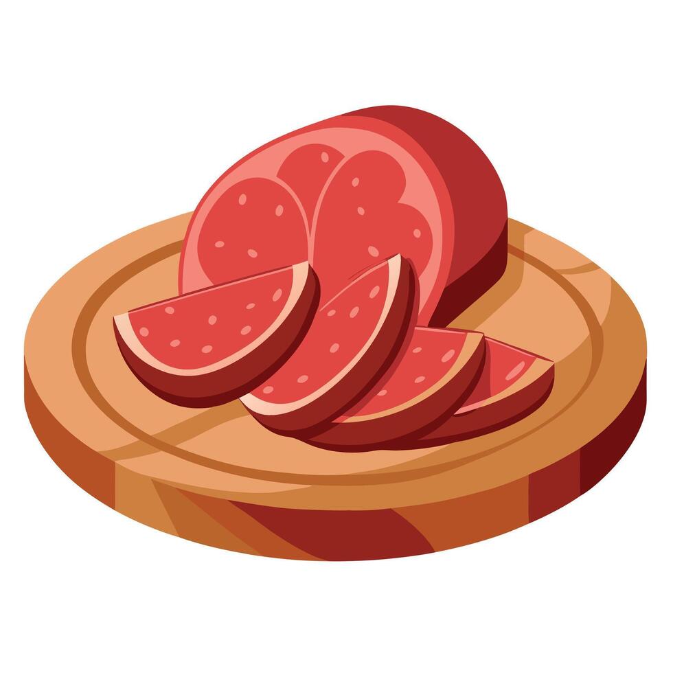 A wooden plate with slices of pastrami. dried beef meat seasoned with herbs. is displayed on a vector
