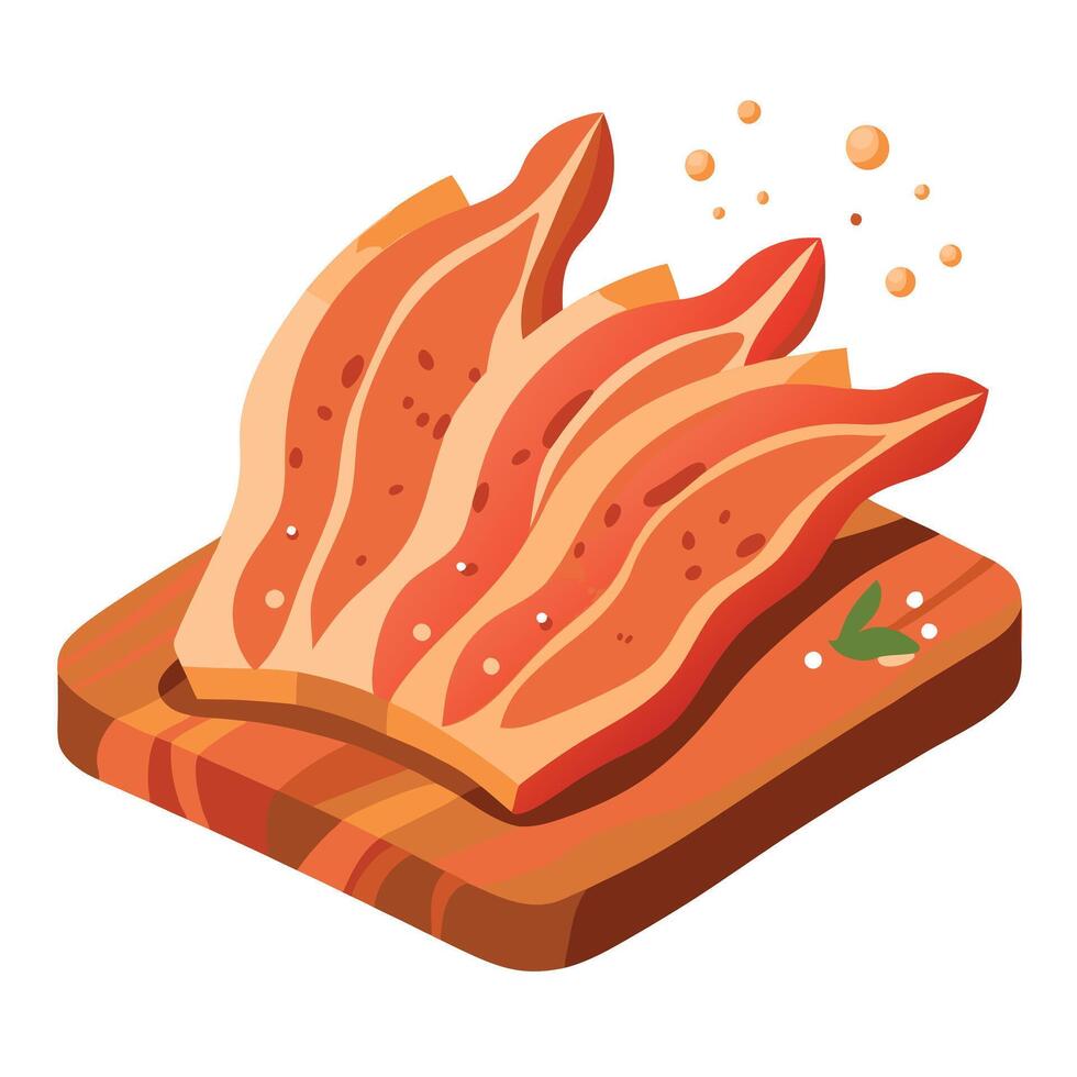 Gourmet raw bacon slices with seasonings on wooden board. Natural and tasty product. Fresh meat. vector