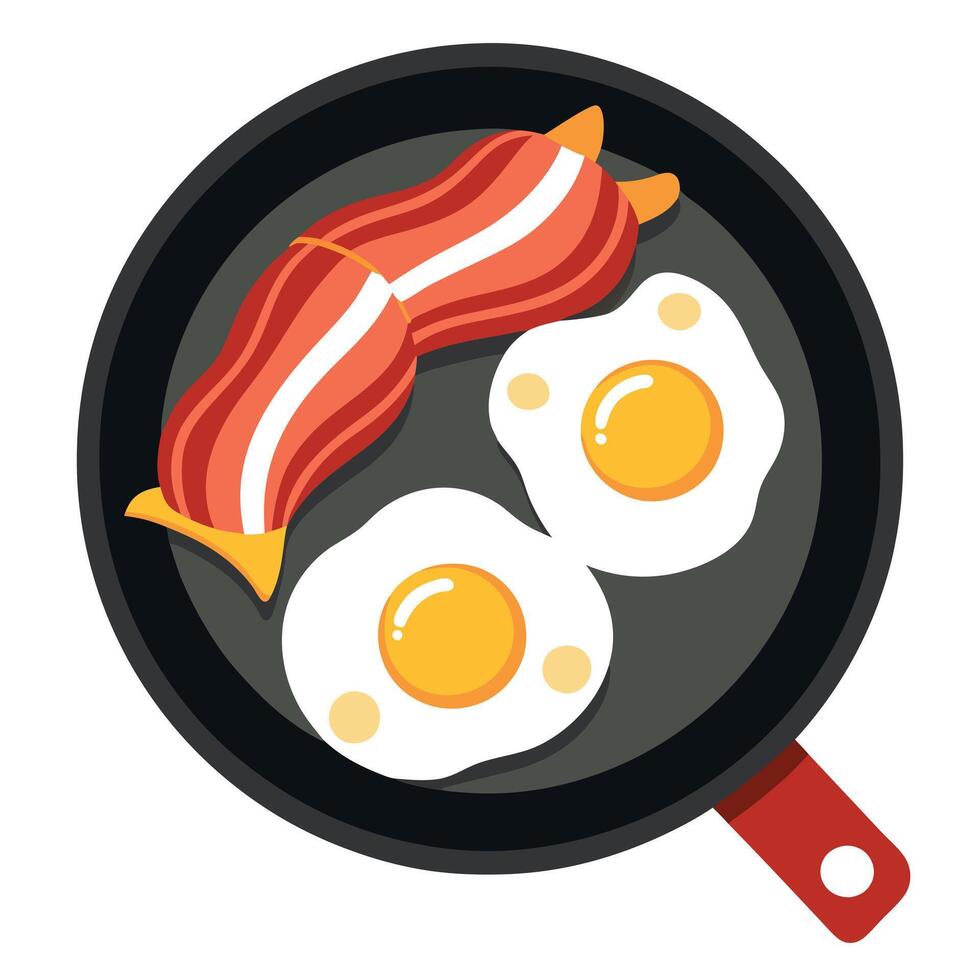Eggs and bacon cooked in a cast iron skillet. Perfect for a hearty breakfast or brunch. vector