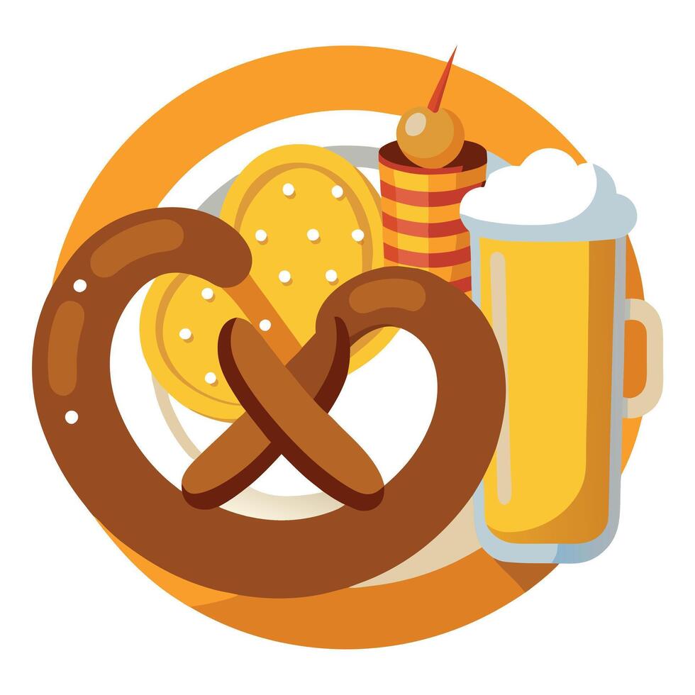 Delicious grilled sausages served with pretzels and mustard. perfect for an Oktoberfest feast vector
