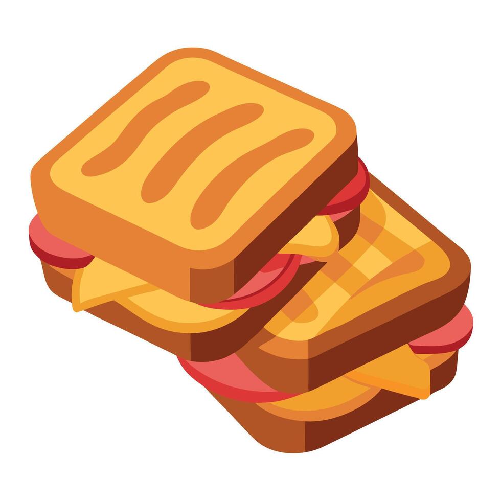 Delicious toasted sandwiches with cheddar cheese and bacon isolated on white background. top view vector