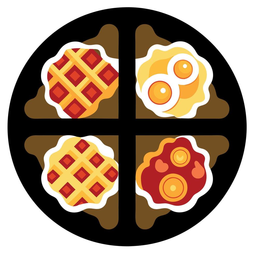 Four waffles. each with eggs. bacon. and cheese. arranged in a grid on a black backdrop vector