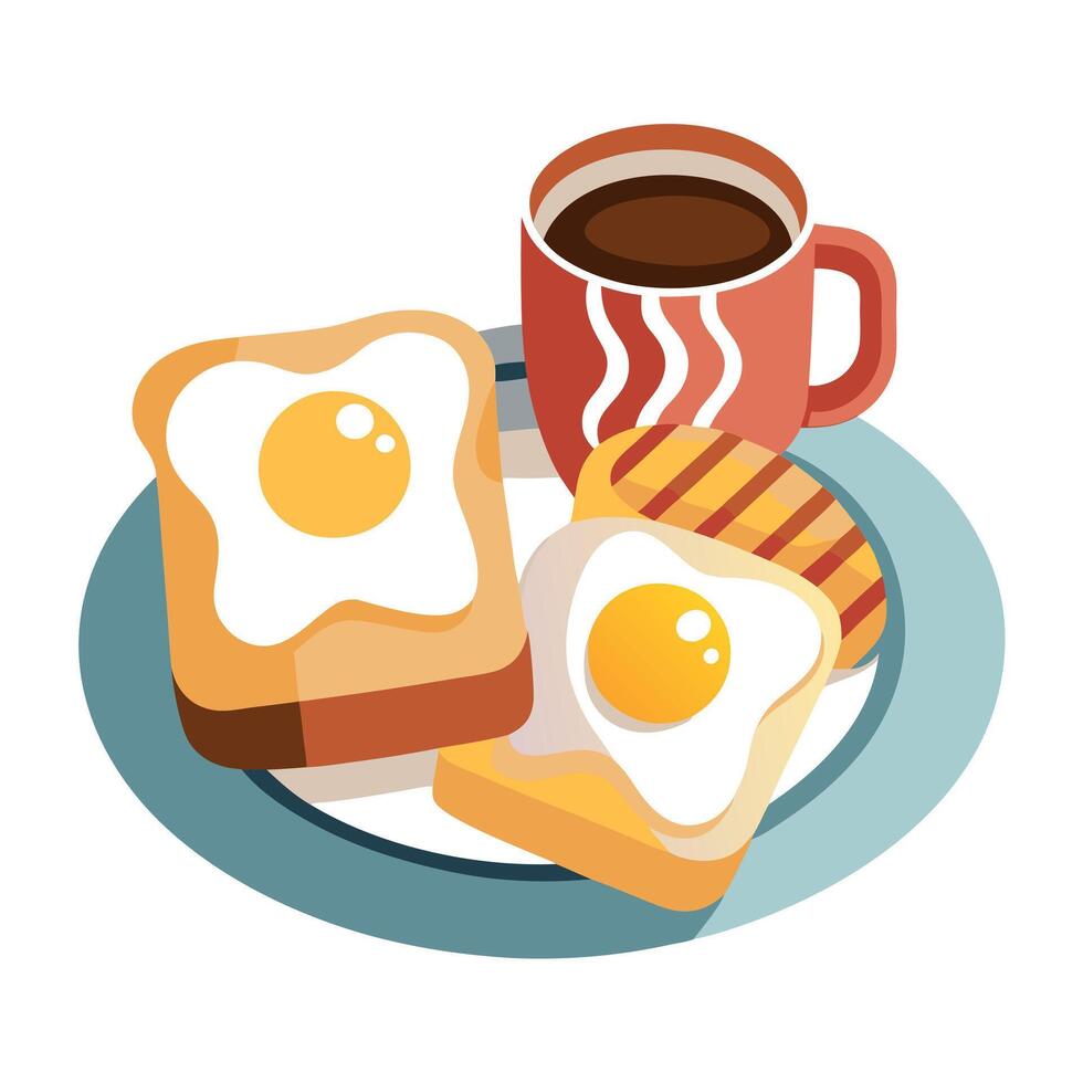 Buttered grilled toasts with crispy bacon and frieds eggs in a plate.with a coup of coffee AIG51A. vector