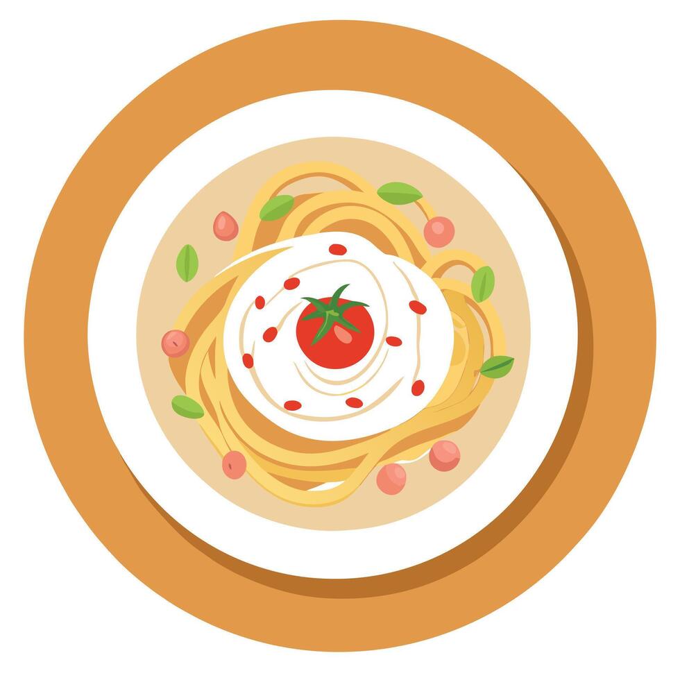 Italian dish of Spaghetti Carbonara with cream sauce top view on wooden table selective focus vector