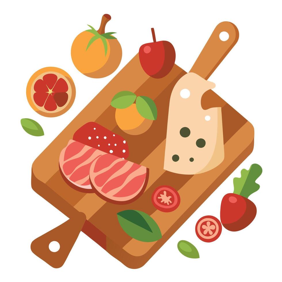 A wooden board with a variety of meats and vegetables. including tomatoes. olives. and cheese vector
