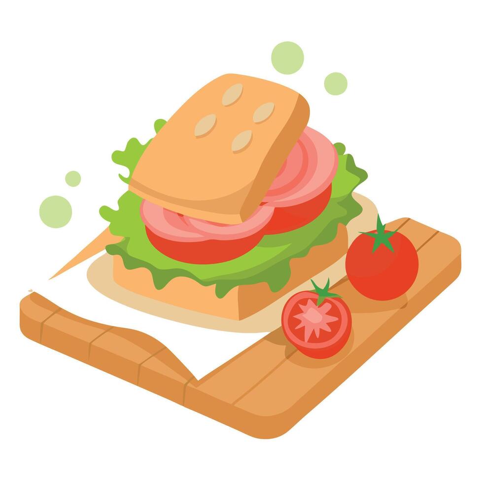 A ham. lettuce. and tomato sandwich on a wooden table. parchment paper beneath it Tomatoes nearby vector