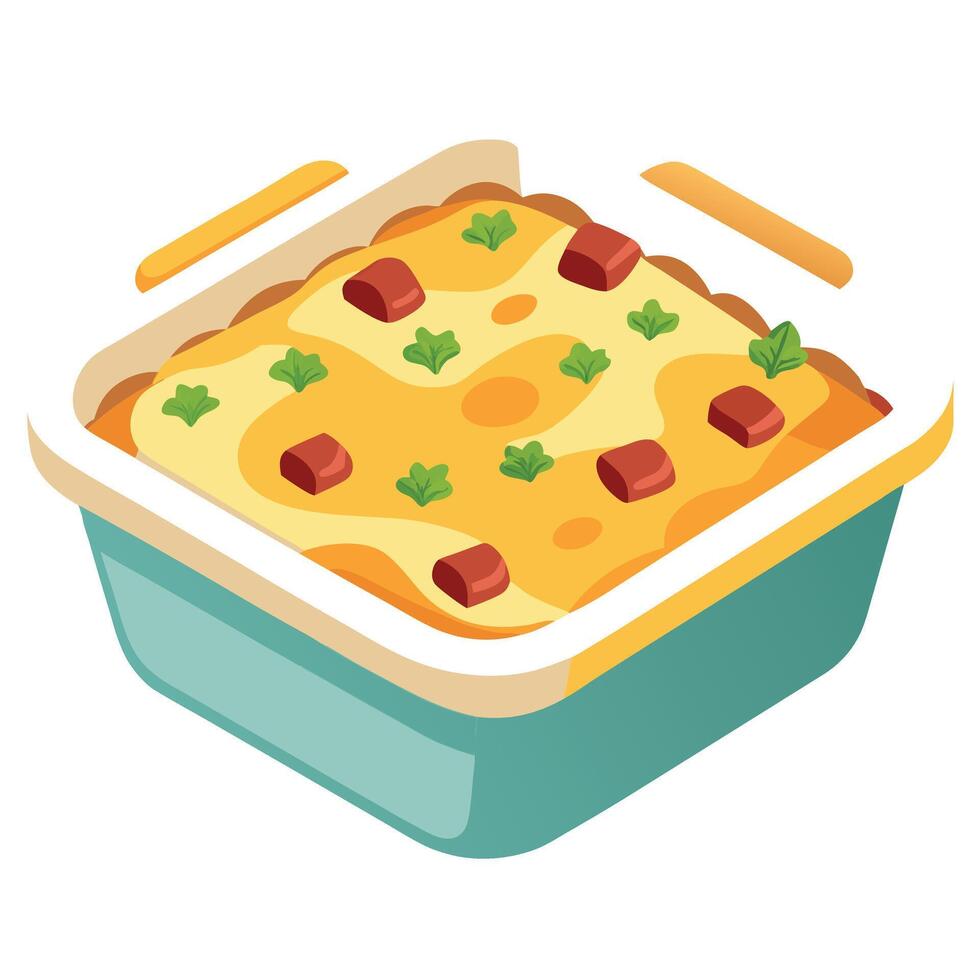 Breakfast casserole with melted cheese. crispy bacon. and fresh chives in a white baking dish vector