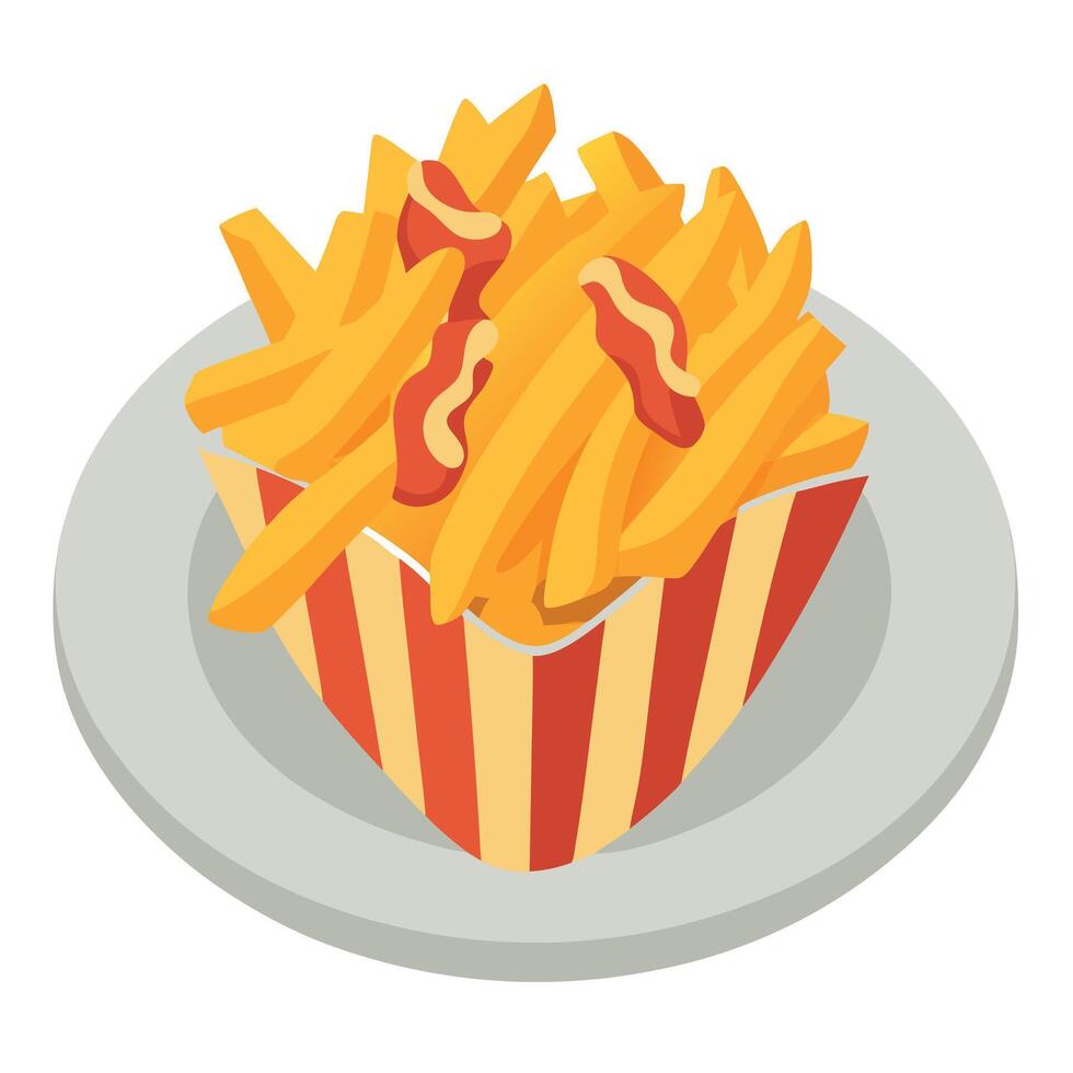 French fries with melted cheddar bacon and rosemary on wooden plate white background close up vector