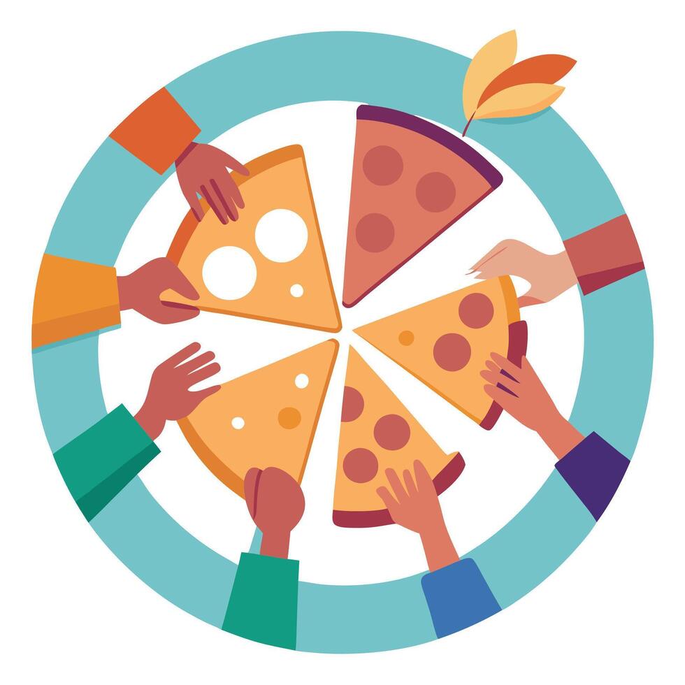 Friends taking slices of tasty pizza from plate close up view. Creative Banner. Copyspace image vector