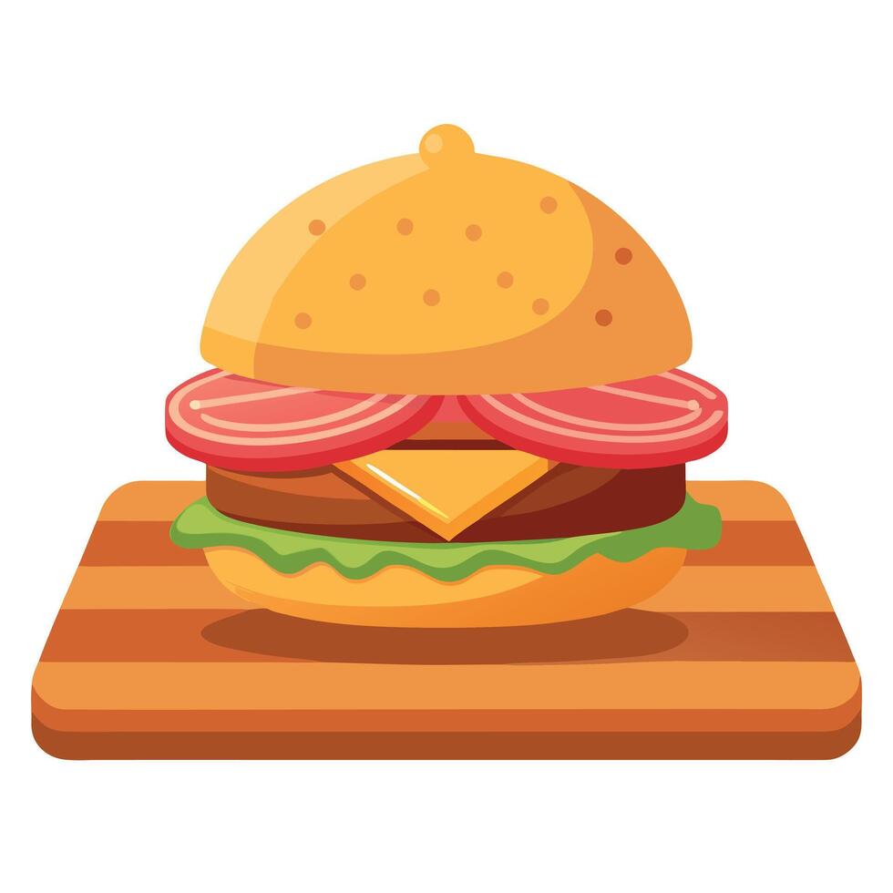 A large hamburger with bacon and cheese on top. The burger is sitting on a wooden cutting board vector