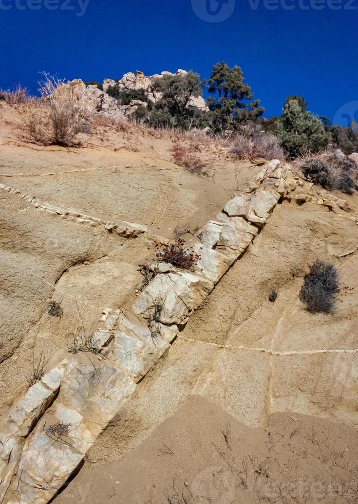 Conifers and other drought-resistant plants grow on the clay and stone rocks of the mountain at the pass in the Sierra Nevada Mountains, California, USA photo