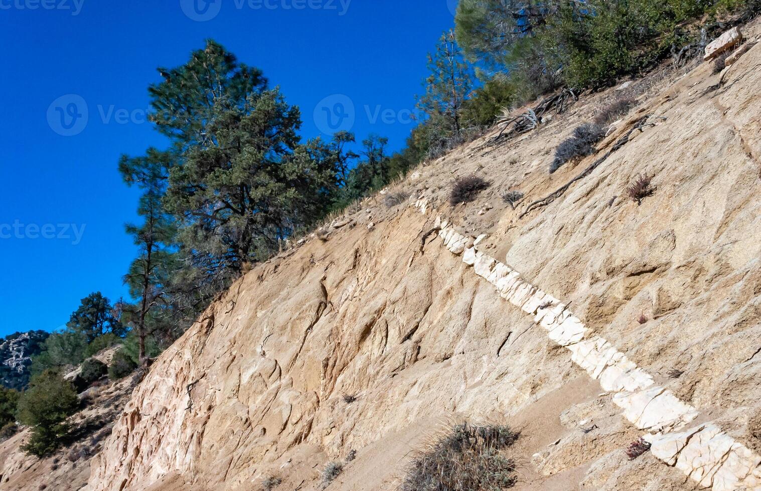 Conifers and other drought-resistant plants grow on the clay and stone rocks of the mountain at the pass in the Sierra Nevada Mountains, California, USA photo