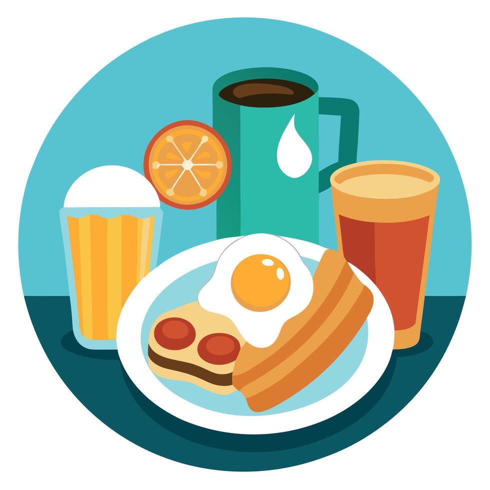 American breakfast with sunny side up eggs bacon hash browns pancakes toast orange juice and coffee vector