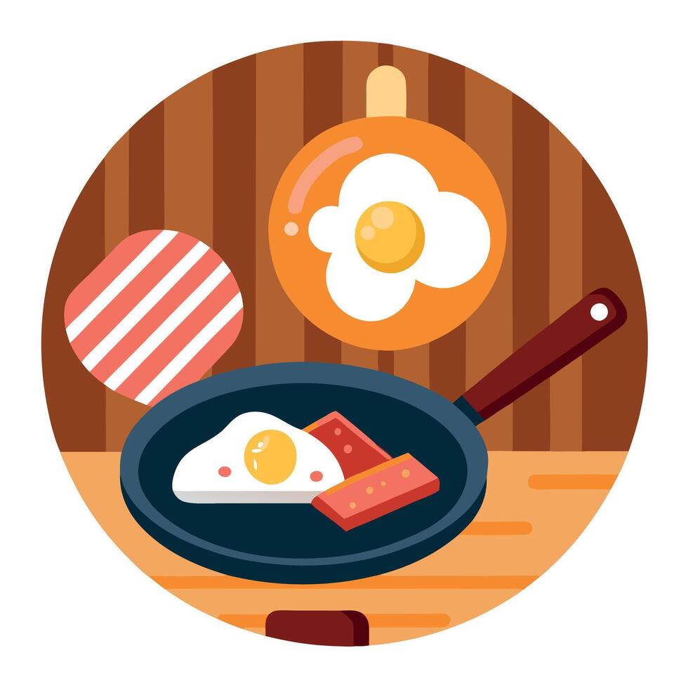 A wood table holds a frying pan filled with sizzling bacon and eggs Parmesan cheese dusting tops the vector