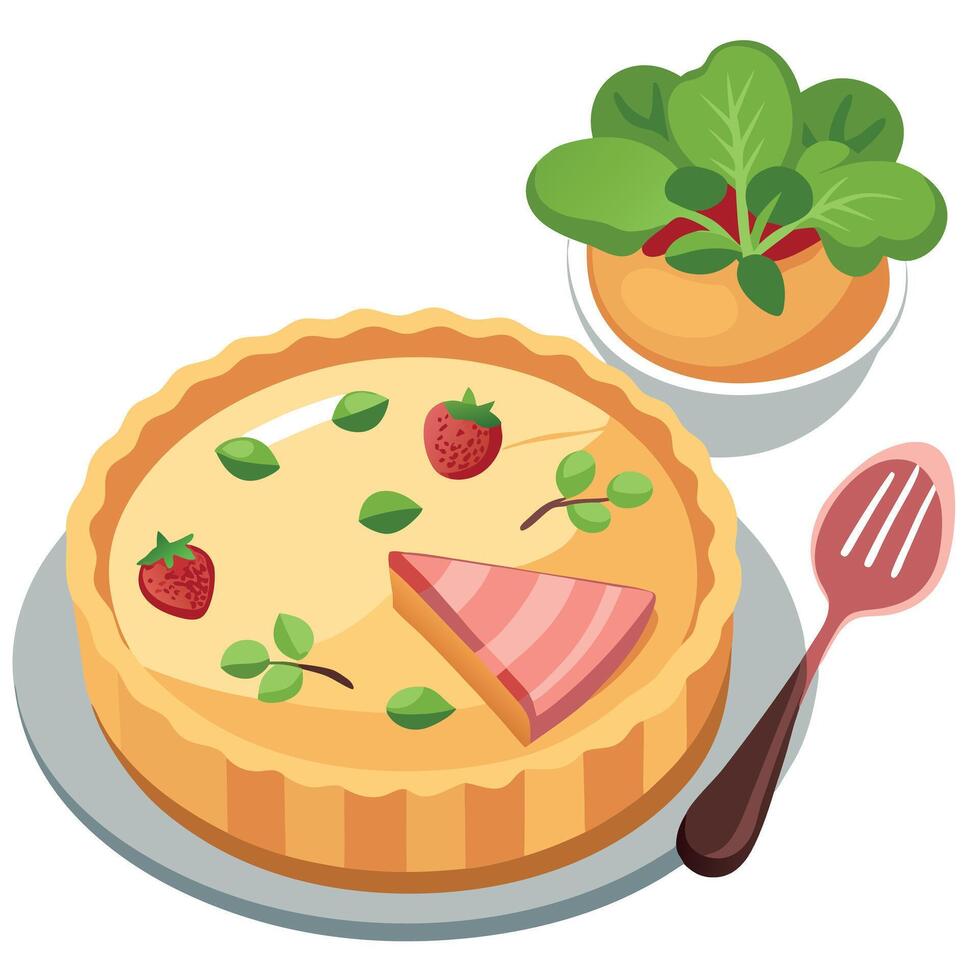 Delicious Quiche Lorraine with Crispy Bacon. Onions. and Melted Cheese. Served with Side Salad Close vector