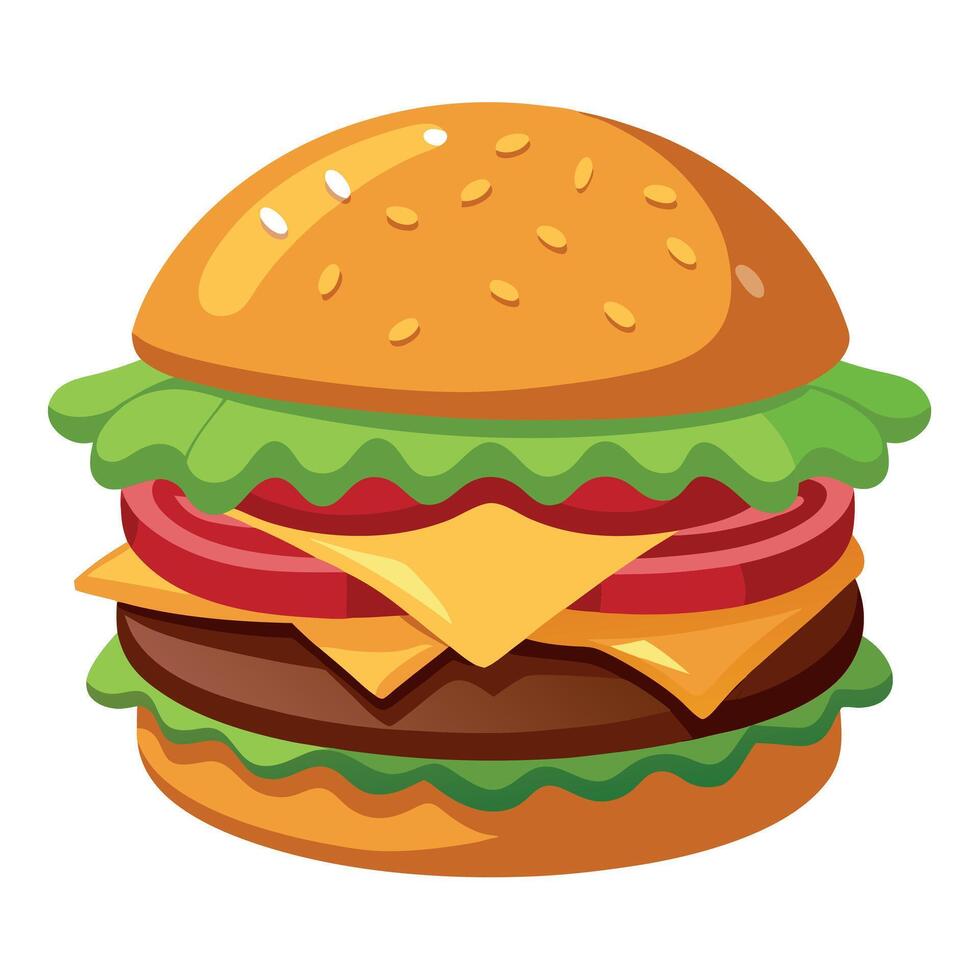 An appetizing bacon cheeseburger. including a beef patty. bacon. cheese. lettuce. and tomato on a bu vector