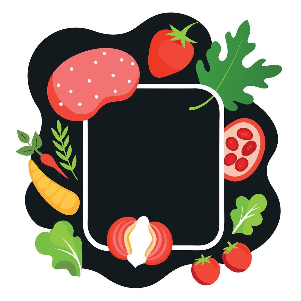 Fresh vegetables. herbs. raw beef steak and pork bacon on dark stone background forming a frame for vector