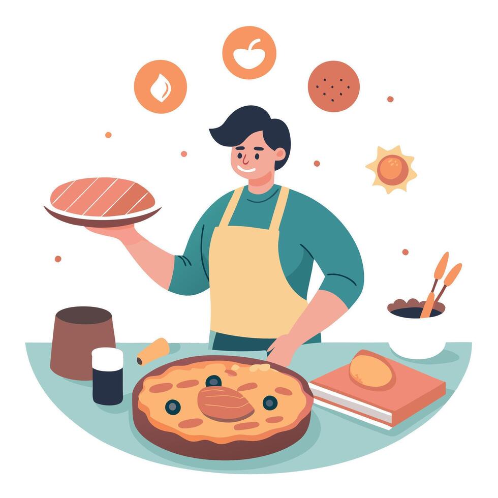A person preparing a quiche. delicately placing bacon pieces on top in a warm. homely kitchen enviro vector