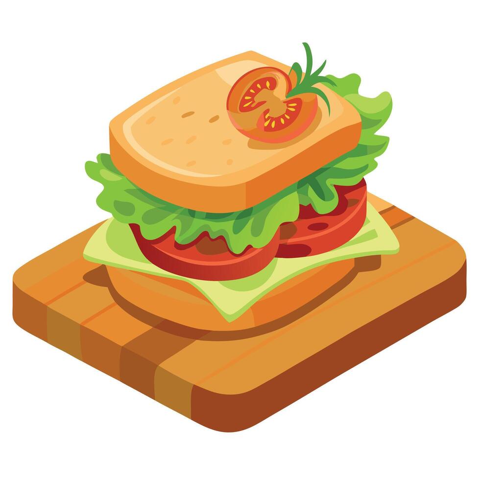 Delicious blt sandwich with crisp bacon. fresh lettuce. and ripe tomato slices on a wooden board vector