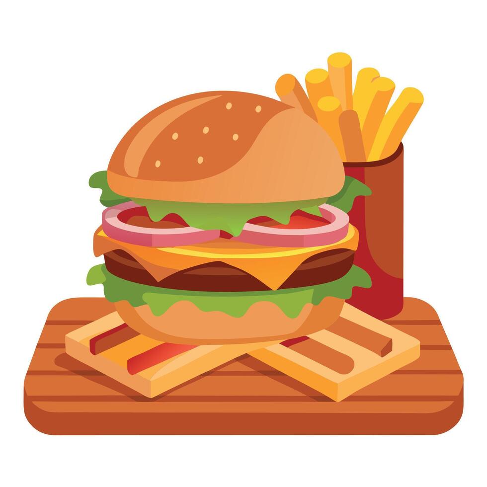 Gourmet Beef Burger with Bacon and Fries on Wooden Platter - Perfect for Menus. Posters. and Food Bl vector