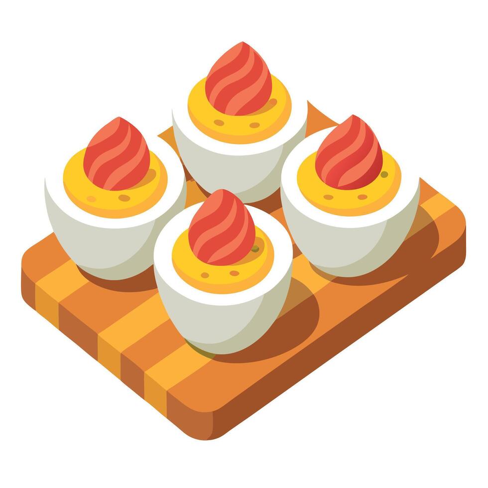 Bacon Cheddar Deviled Eggs on wooden board. Horizontal. side view. close-up. Festive atmosphere. vector