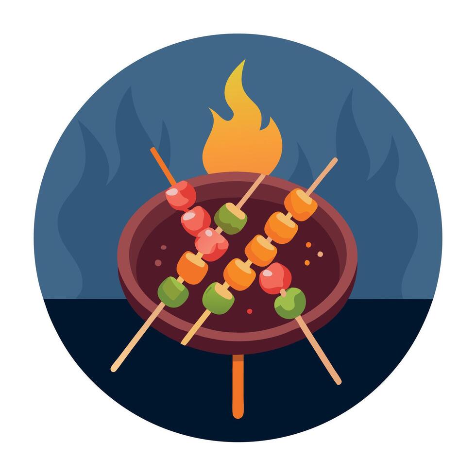 Grilling shashlik on barbecue grill. Grilled skewers on a grilled plate on a outdoor bbq event. clos vector