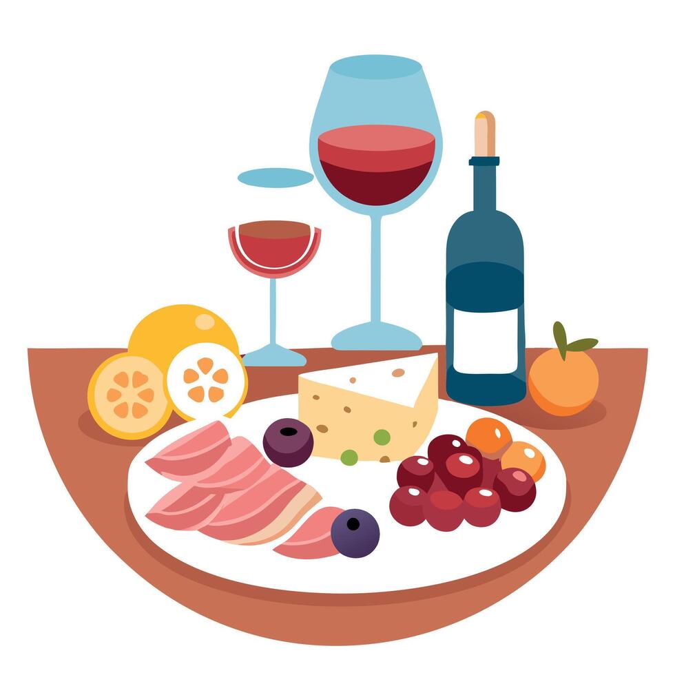Charcuterie plate with prosciutto salami cheese and berries olives Aperitif Antipasti Italian table vector