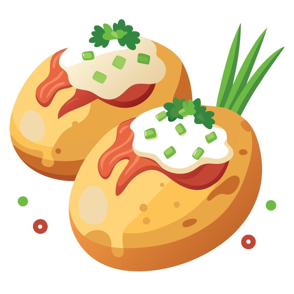 Baked potatoes stuffed with bacon. cheese and green spring onions. surrounded by sour cream and pars vector