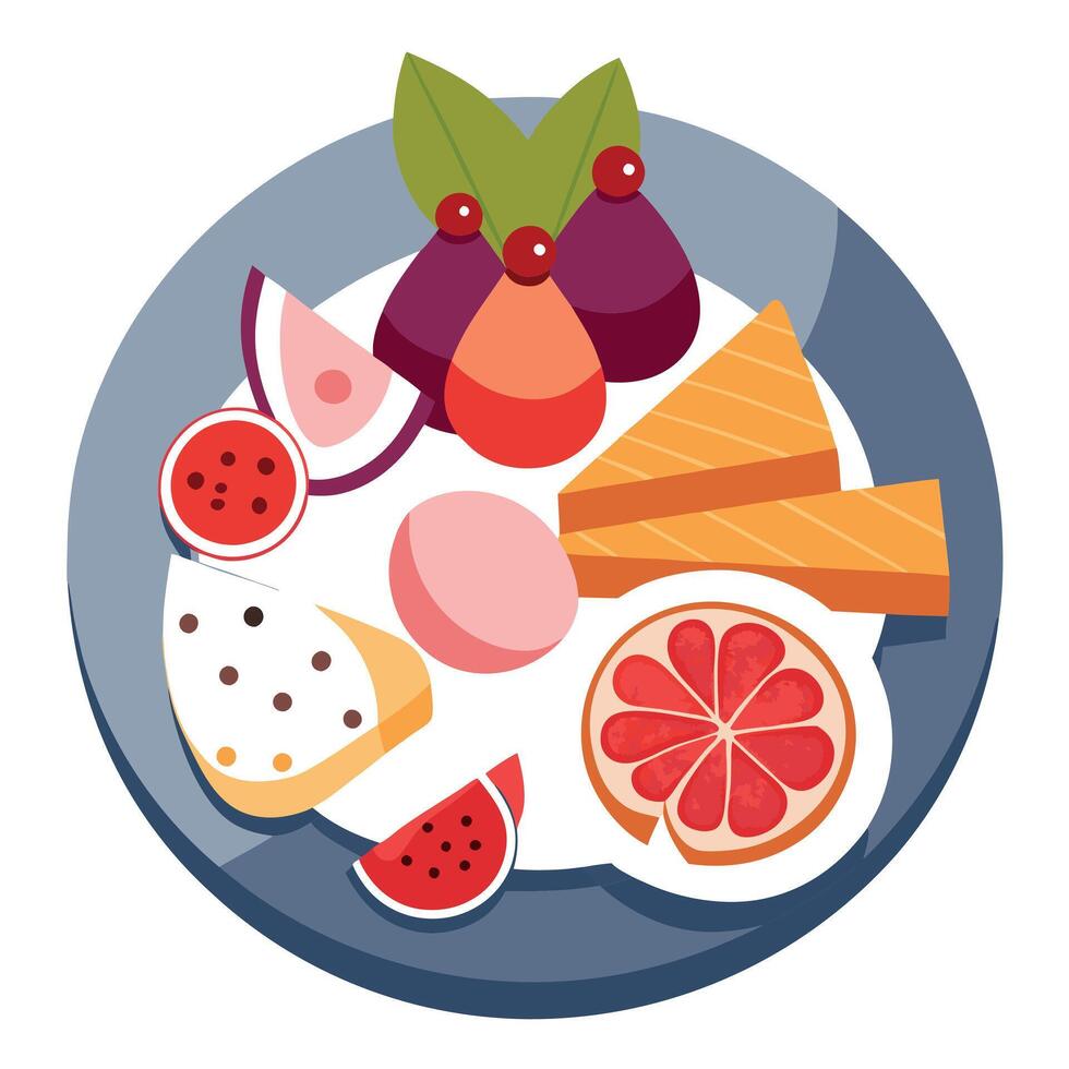 Italian appetizers of cured meats and cheese on a marble platter with figs. red currants. and cracke vector