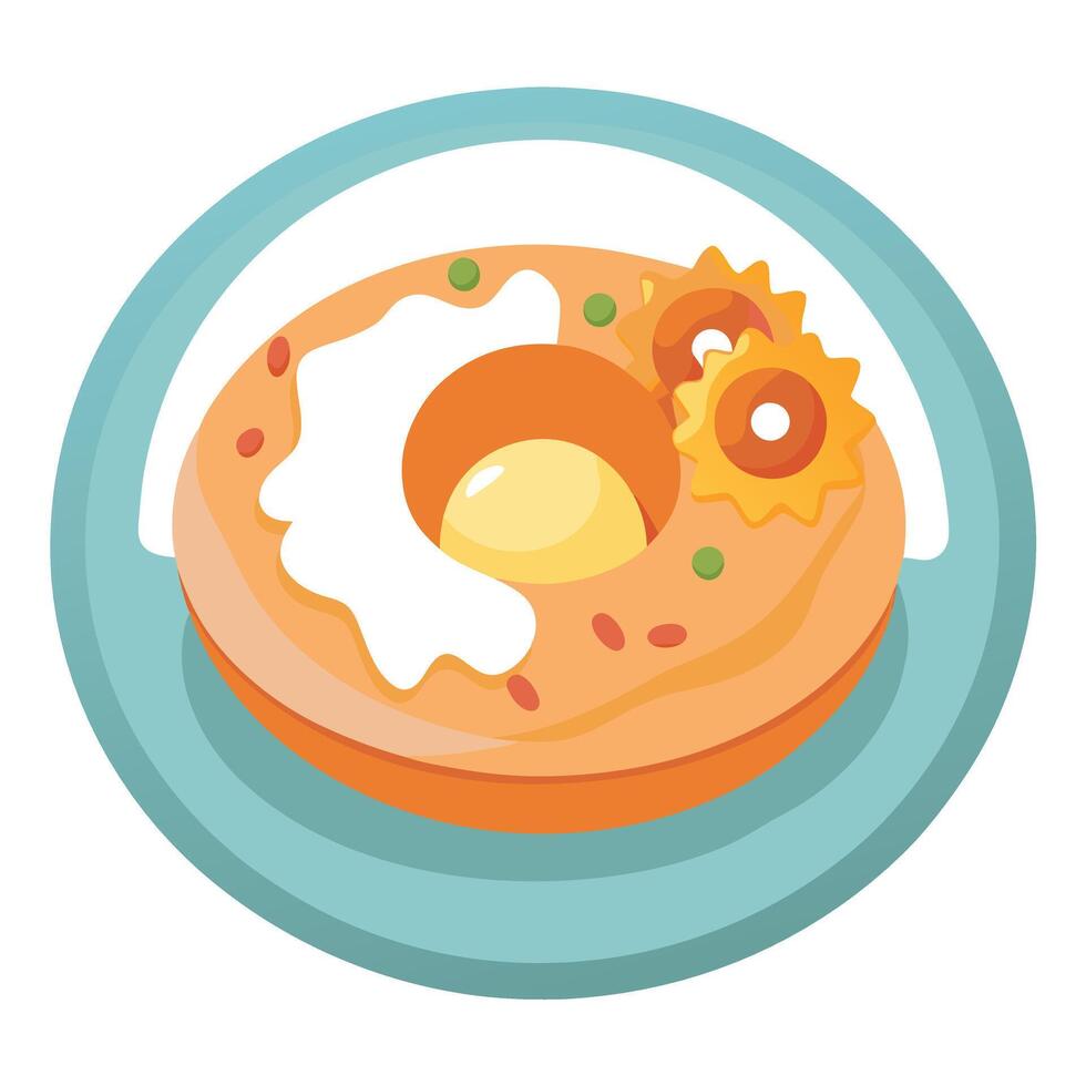 A dish of baked goods. a bagel. topped with scrambled eggs. bacon. and cheese. served on a plate. vector