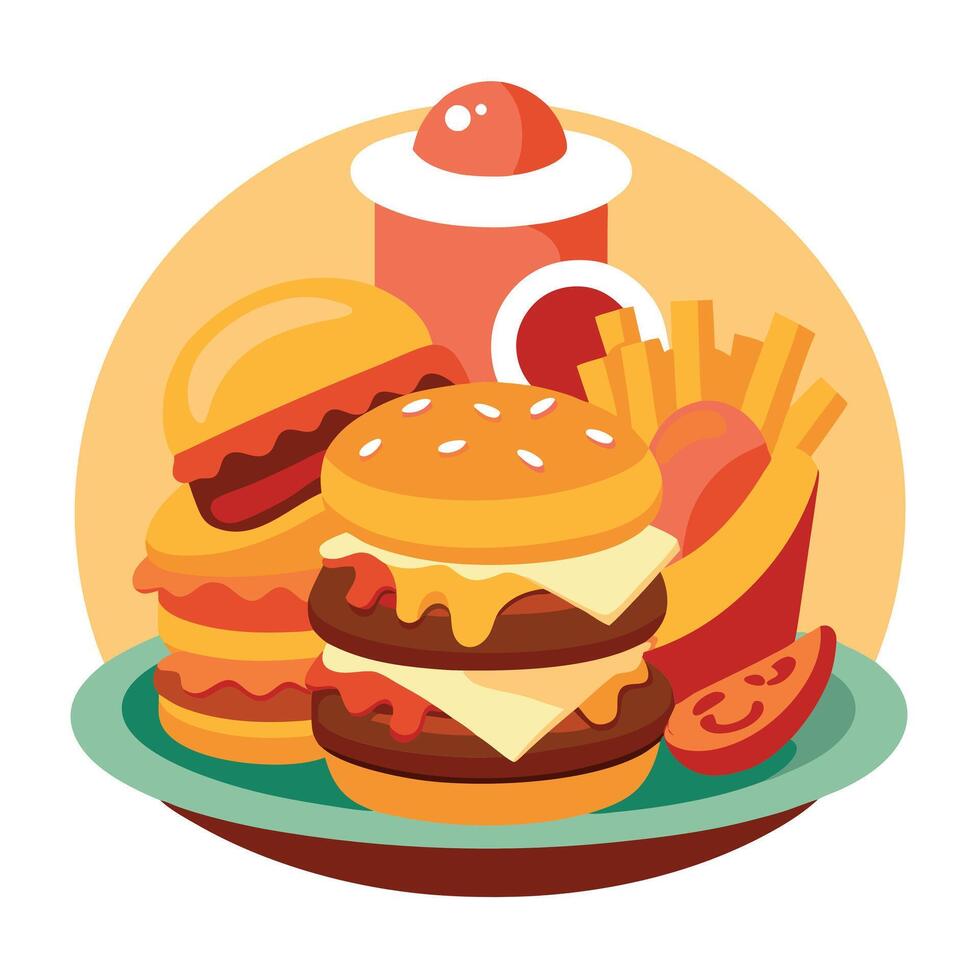 An enticing assortment of greasy goodness. featuring a plate piled high with a juicy bacon cheesebur vector