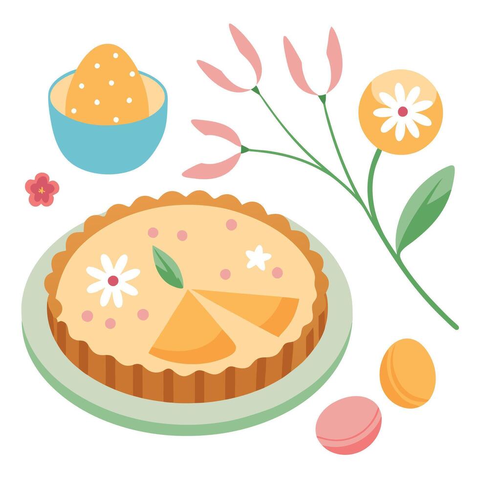 Celebrating Spring with a Savory Quiche Lorraine. Easter Eggs. and Blooming Flowers on the Brunch Ta vector