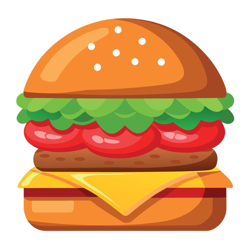 Beef burger with cheese. tomatoes. red onions. cucumber and lettuce on wooden background. Unhealthy vector