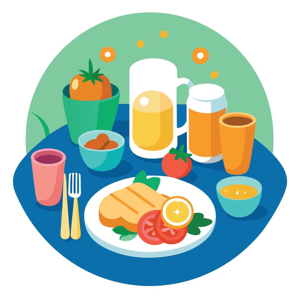 Delicious breakfast spread featuring eggs. vegetables. and fresh juice served at a vibrant dining ta vector