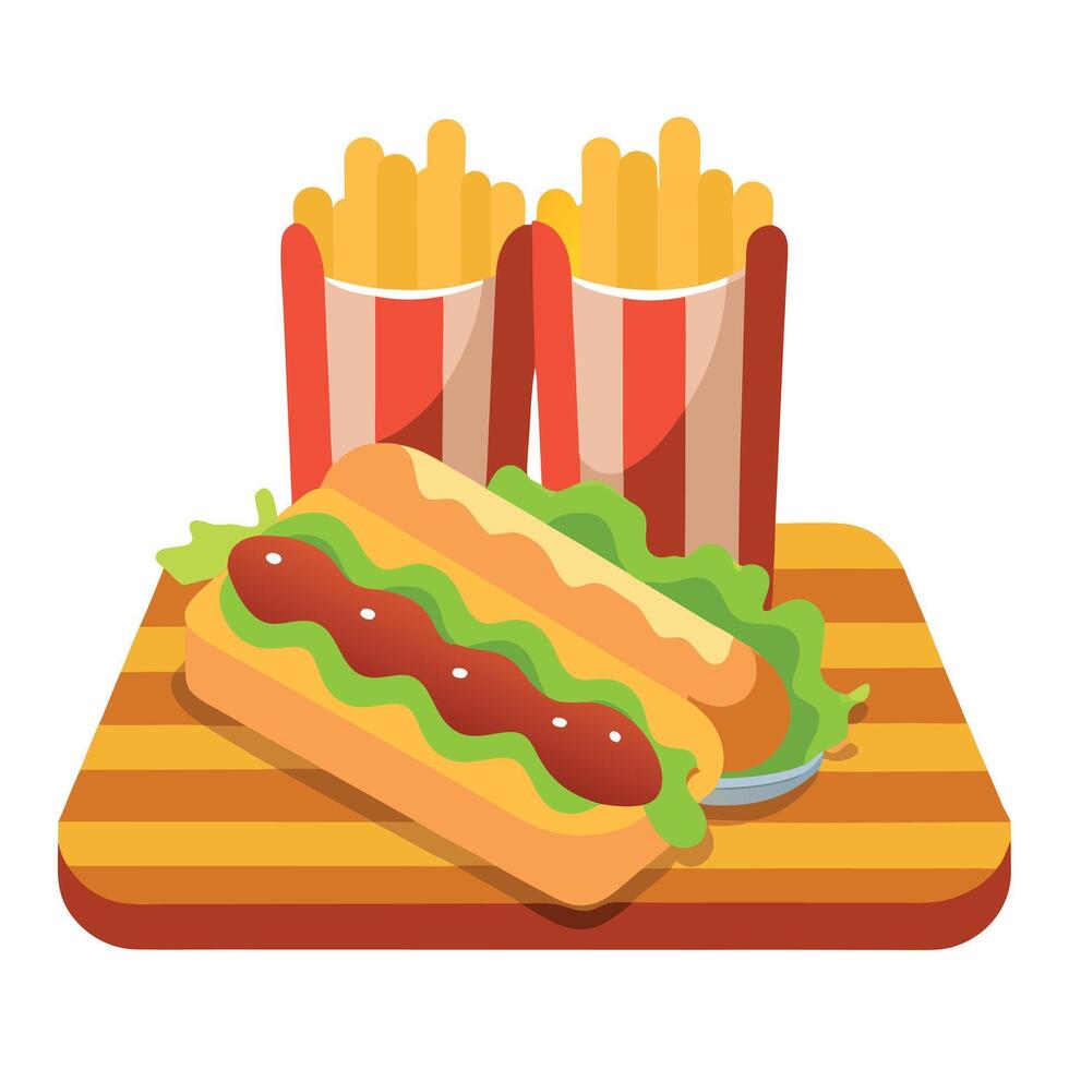 Hot Dogs With Lettuce. Bacon. And Mustard. French Fries. And Ketchup On A Wooden Board. Front View vector